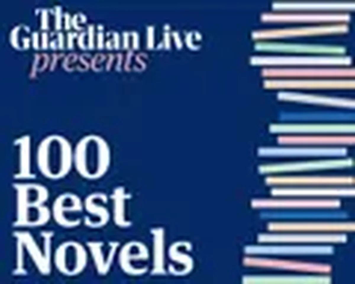 A graphic image on a blue background which states 'The Guardian Live presents 100 Best Novels' the 100 best novels is stacked to resemble a stack of books. Next to it is a multicoloured graphic of a stack of books tumbling down the side of the image.
