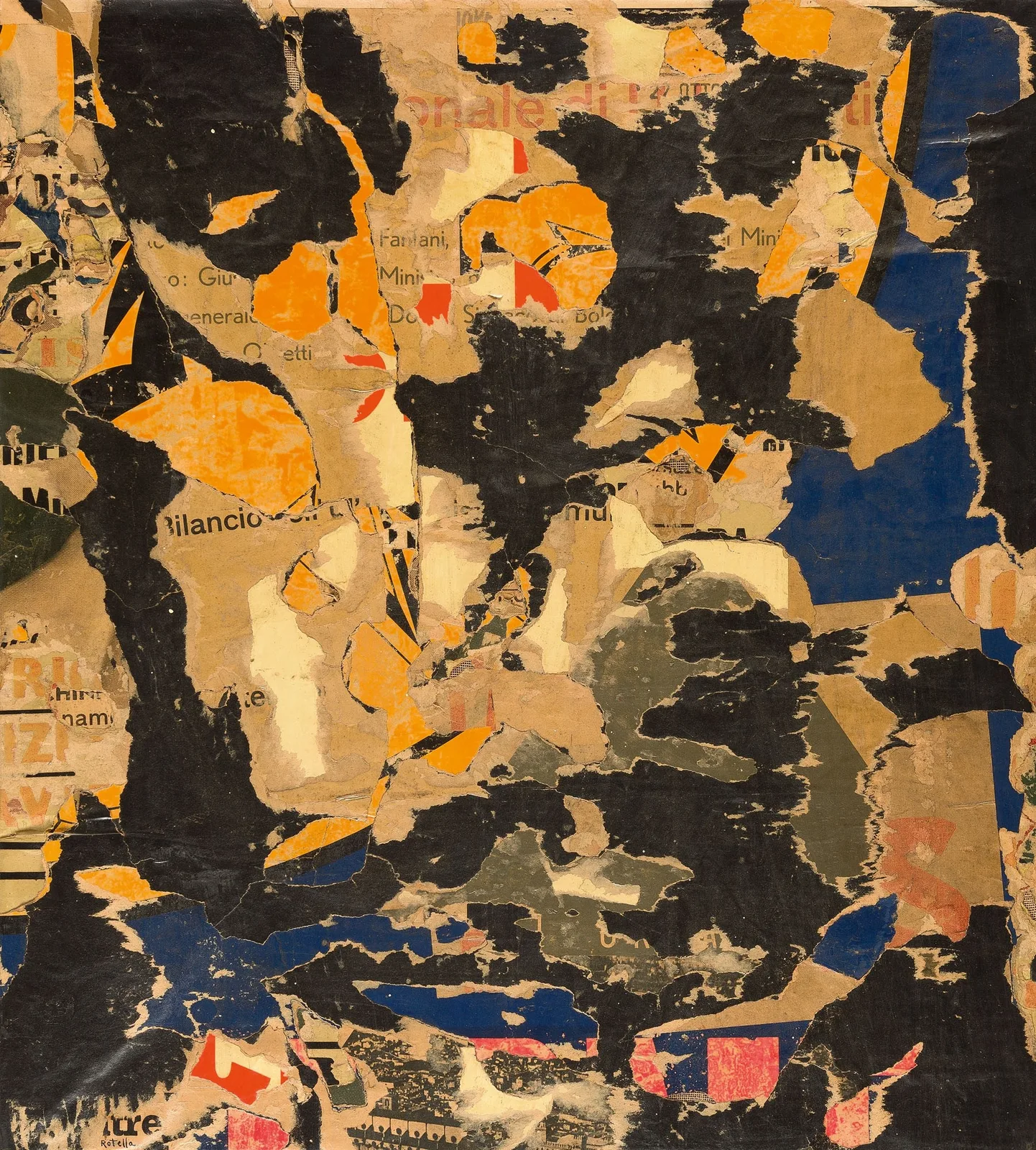 Torn-poster collage artwork by Mimmo Rotella in black, orange, and blue with fragmented Italian text.