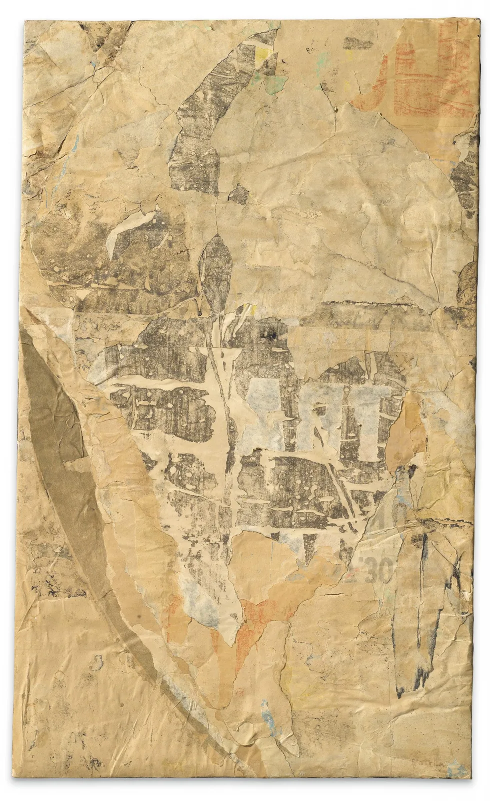 Weathered décollage artwork in sepia tones with faint printed patterns beneath torn paper layers.