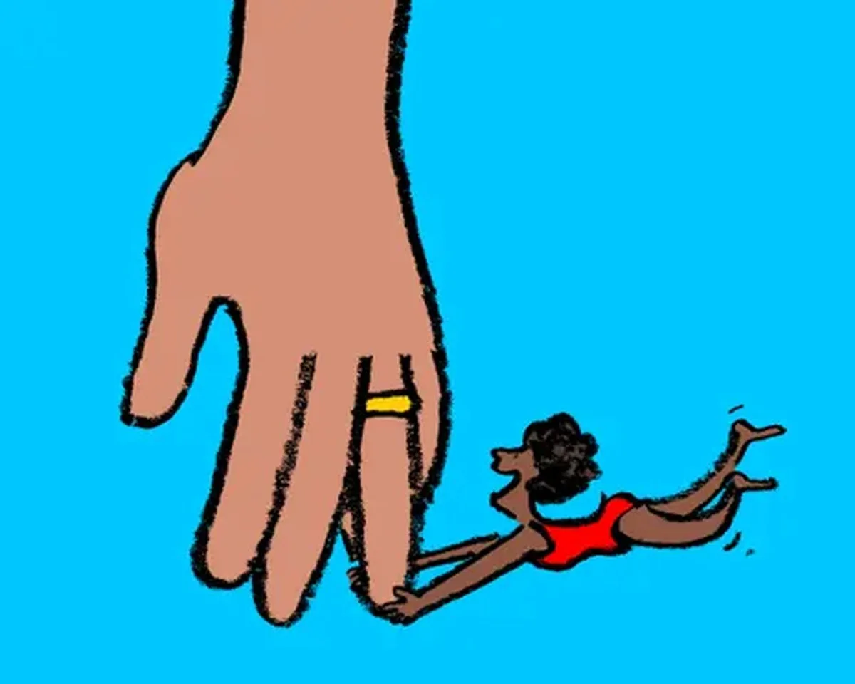 GUARDIAN TIHWDI 170 newcrop Illustration of a large hand with a yellow ring reaches toward a small figure in a red swimsuit diving through the air
