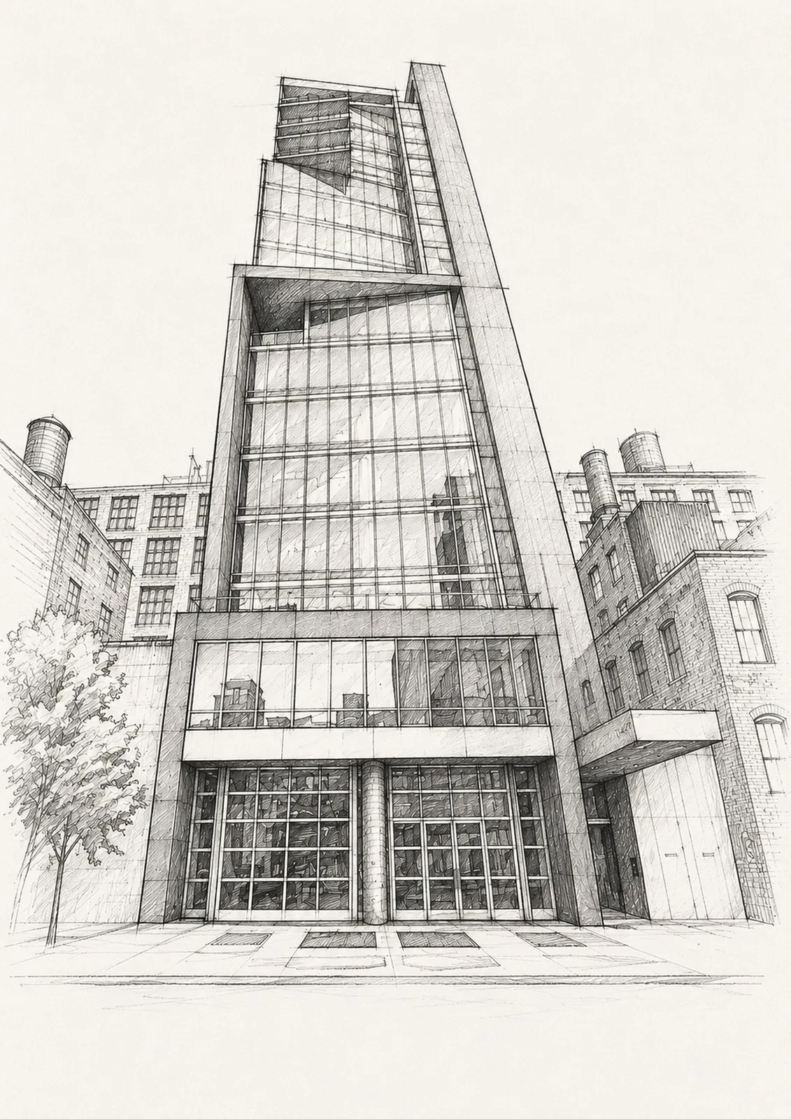 a drawing of a tall, glass-fronted, modernist building in an urban setting