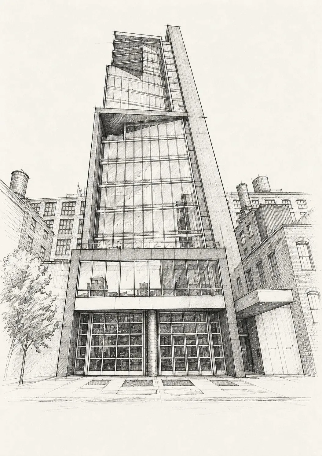 a drawing of a tall, glass-fronted, modernist building in an urban setting
