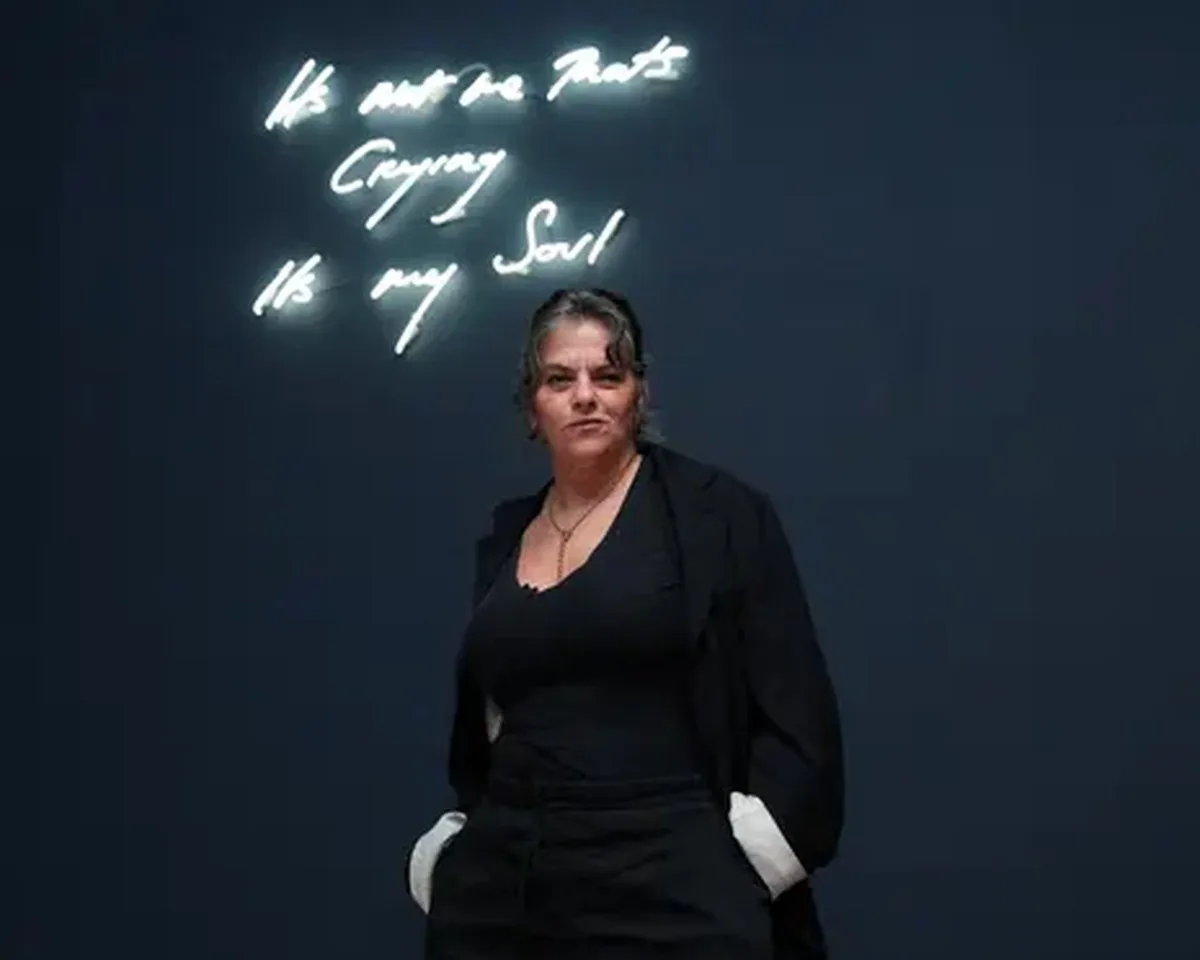 Tracey Emin poses for a portrait in front of her installation "Its Not me Thats Crying its my Soul"