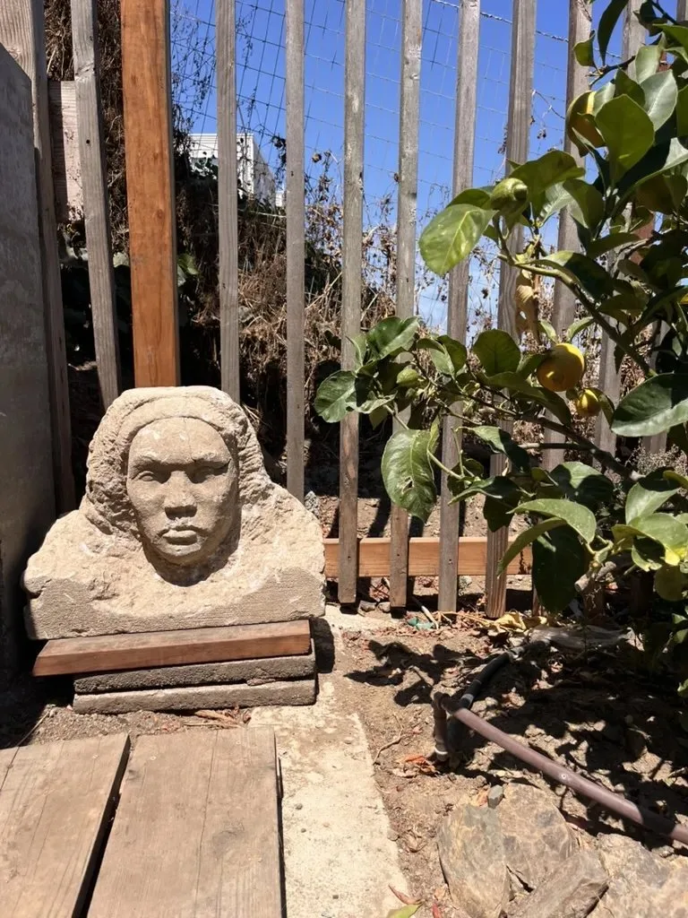 The bust of a woman sitting on the ground next to a bush by a fence