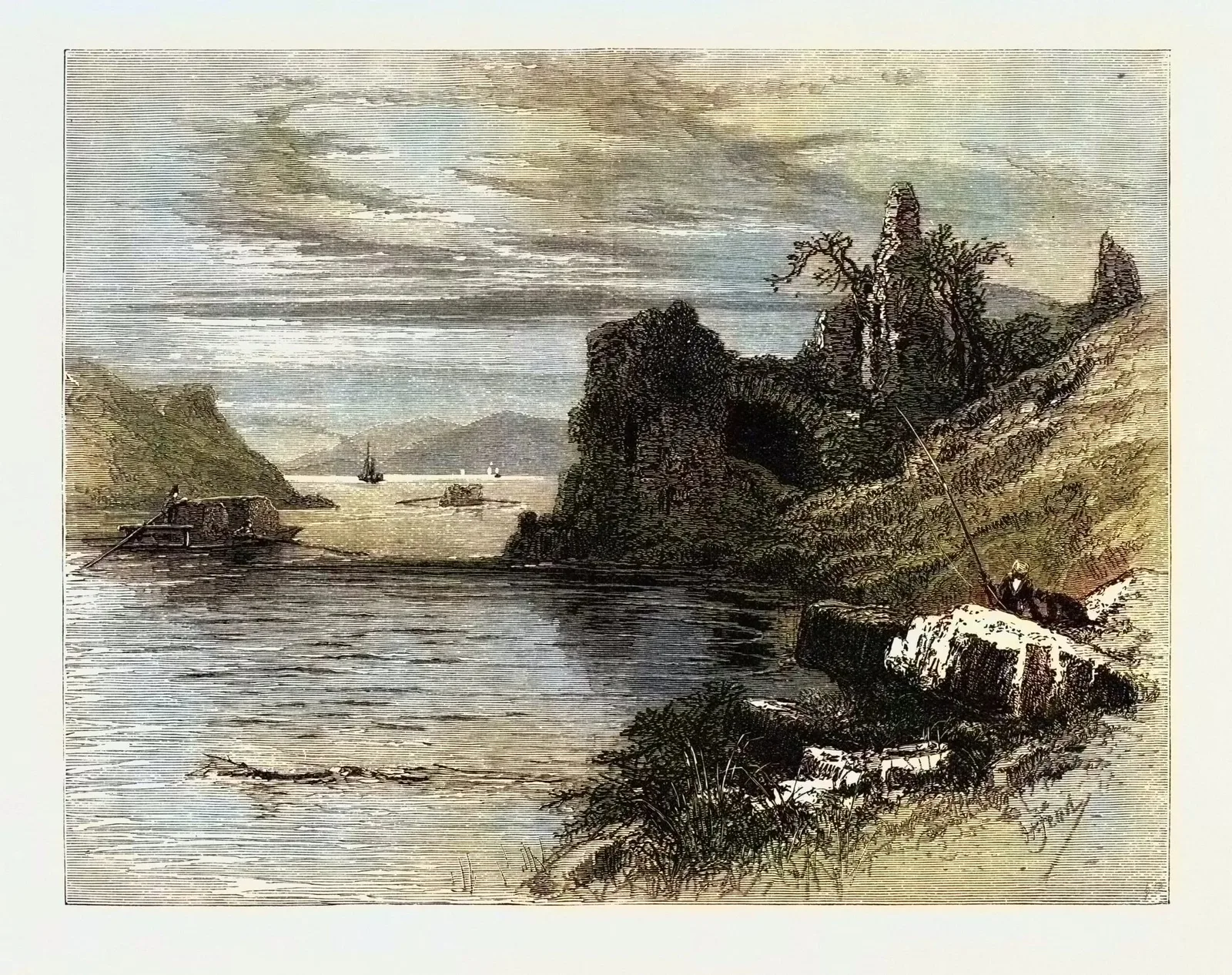 An image of a color engraving depicting the ruins of the old Strancally Castle on the banks of a river