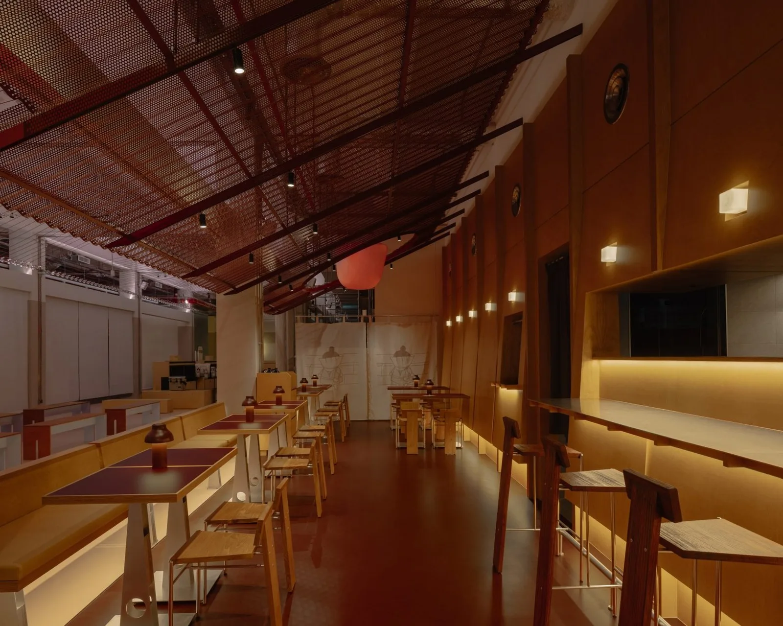 Plywood furniture at izakaya-style restaurant
