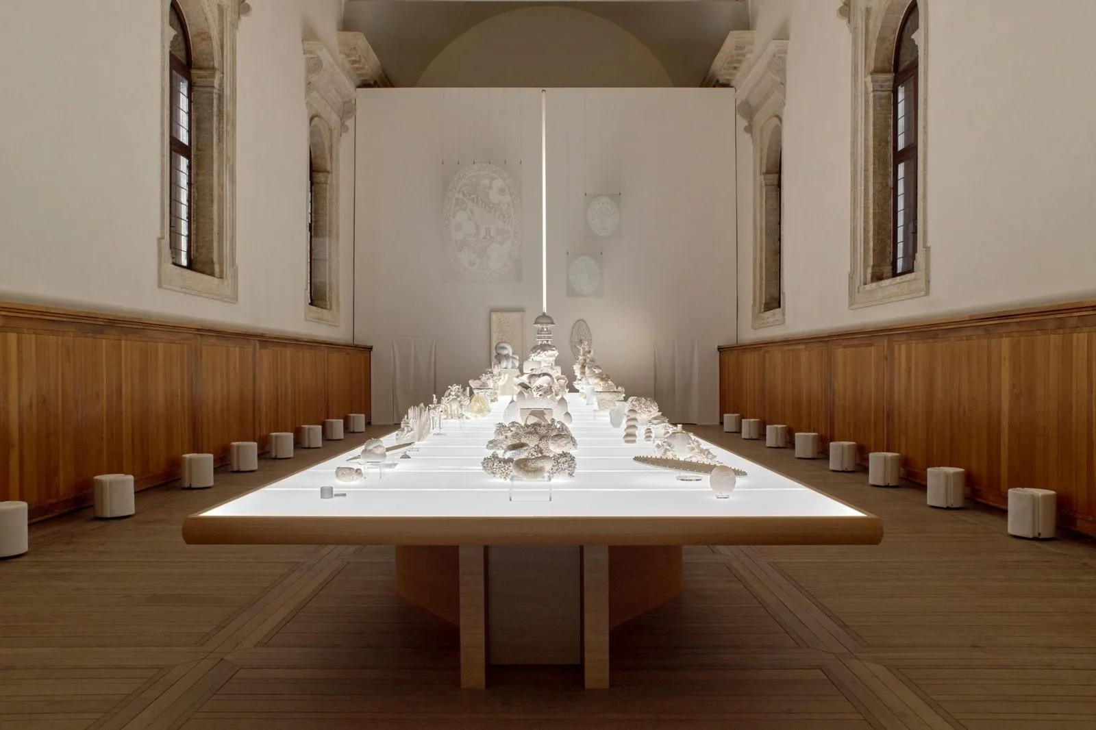 Installation at Homo Faber 2026 by Es Devlin, featuring Giorgetti ‘Summa' poufs