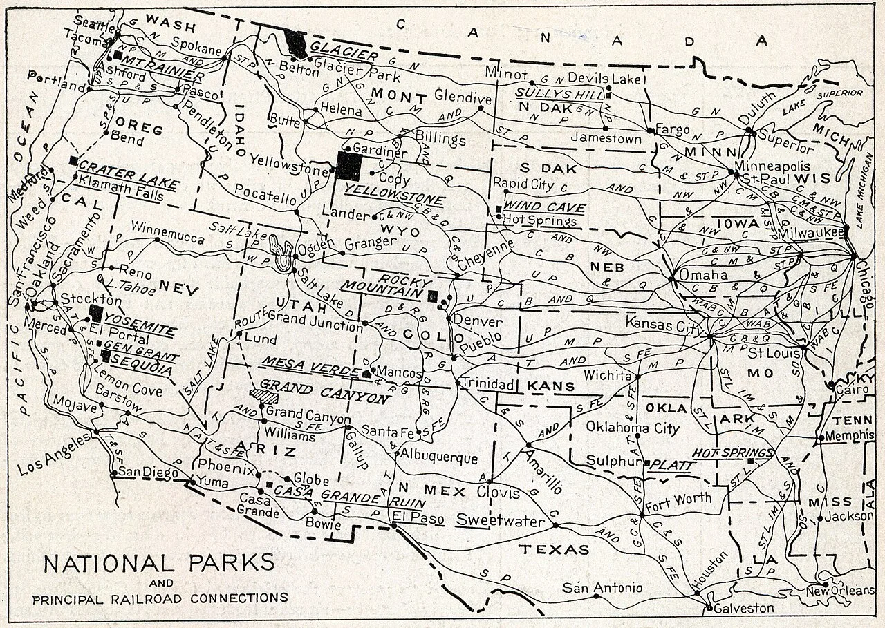 In 1916, a portfolio of nine major parks was published to generate interest. Printed on each brochure was a map showing the parks and principal railroad connections.